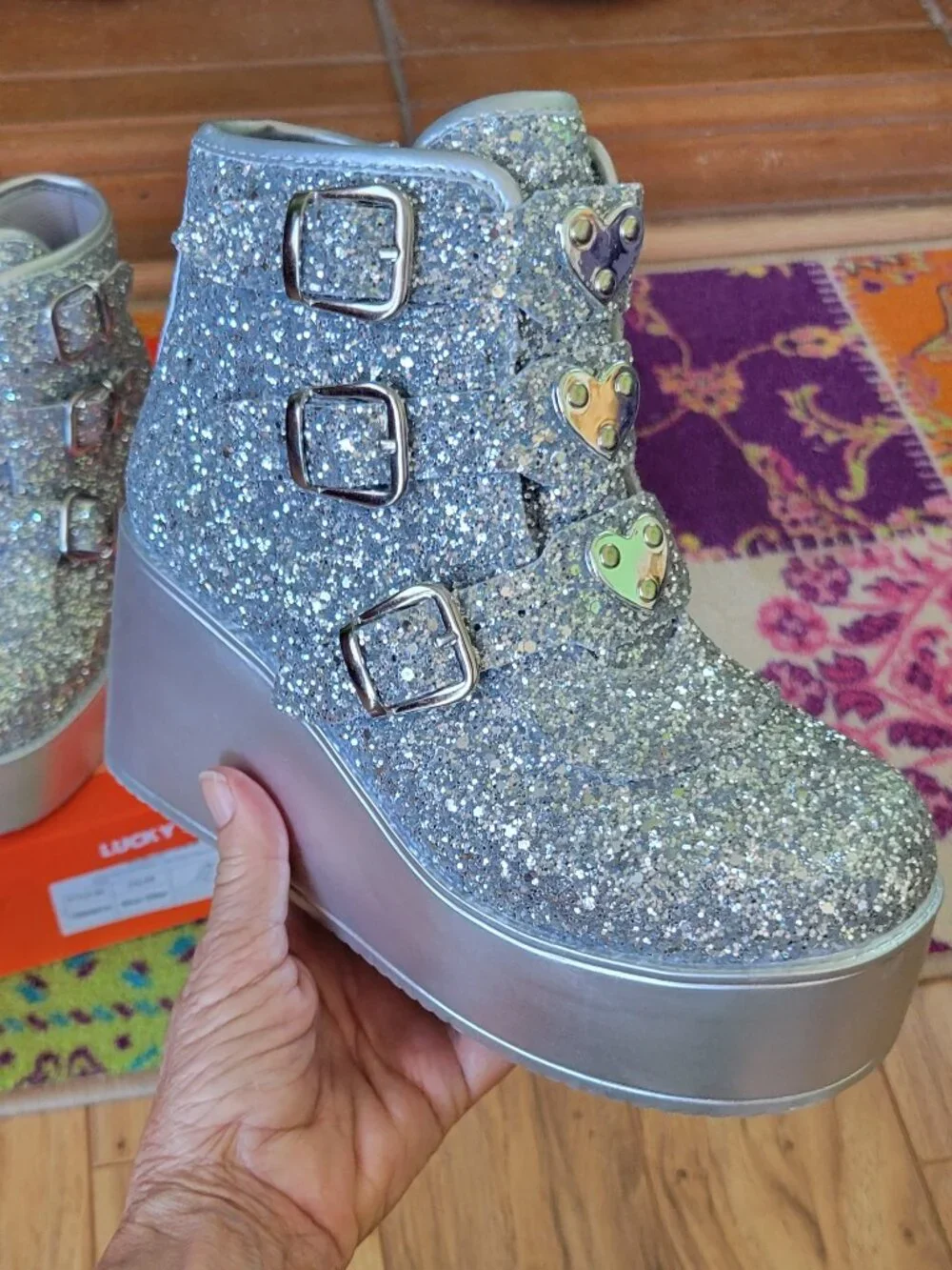 Lucky Step Hippie Platform Glitter Sneakers with Buckles,Hearts, Side Zip